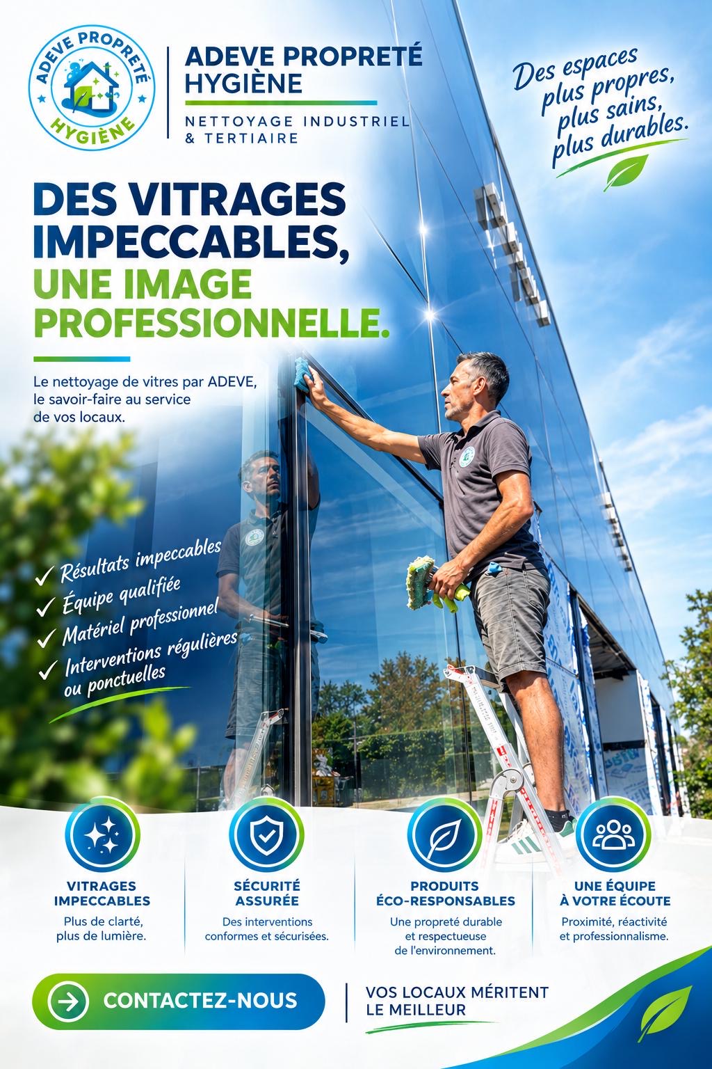 Agent ADEVE réalisant le nettoyage d'une vitrine